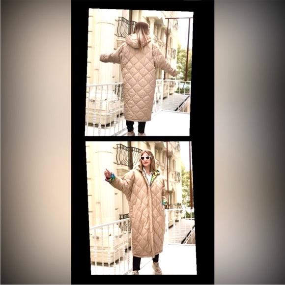 NEW double-sided OVERSIZED leopard print gold beige quilted hooded coat - Picture 3 of 15